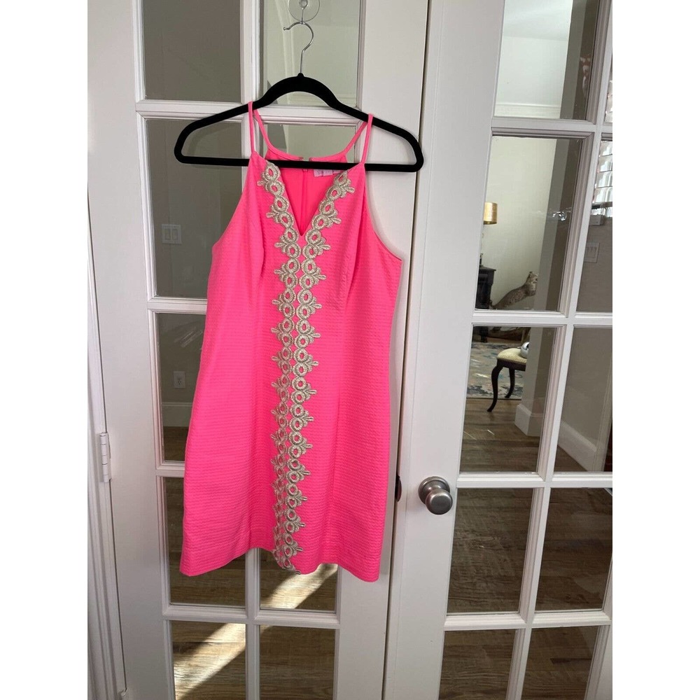 Lilly Pulitzer Pink Gold Metallic Shift Dress Stretch Zipper Women Size 6 Jan 17